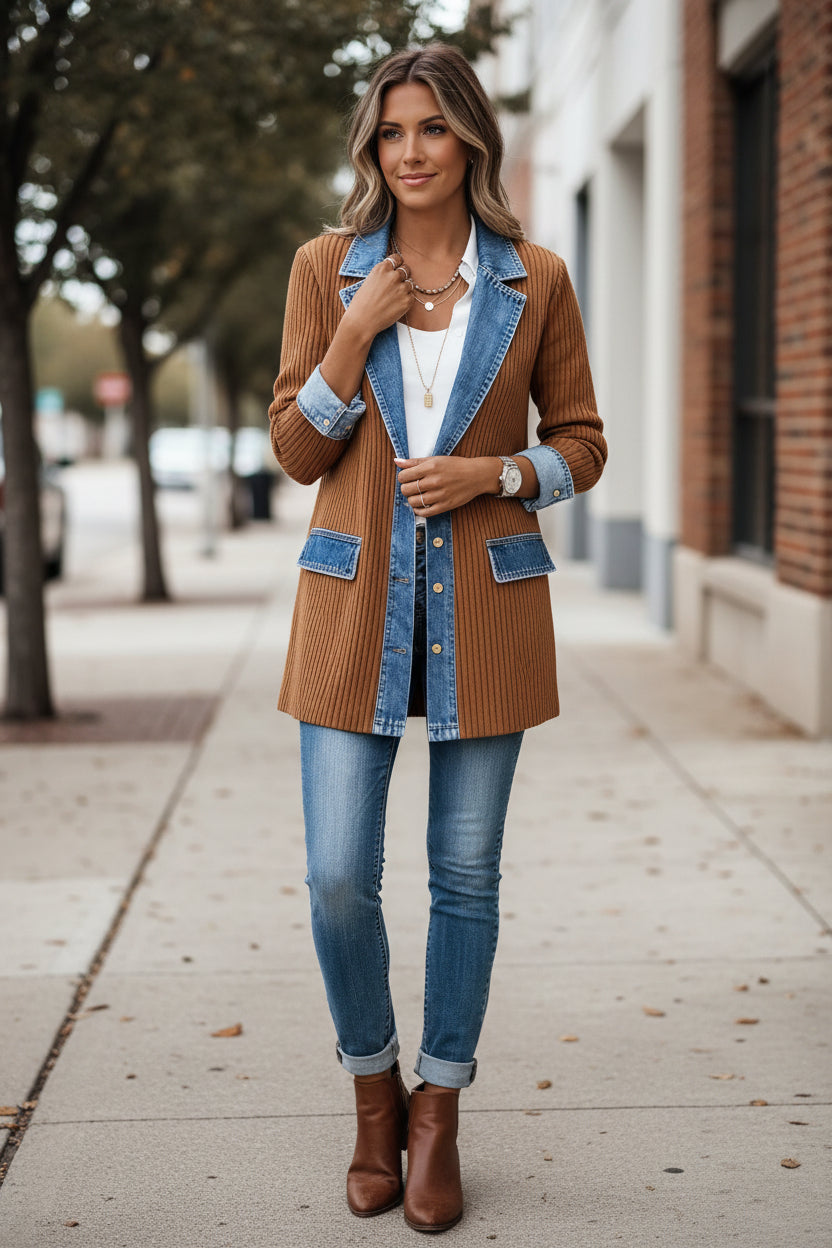 Women's Casual Knit Cardigan with Denim Collar and Ribbed Detail
