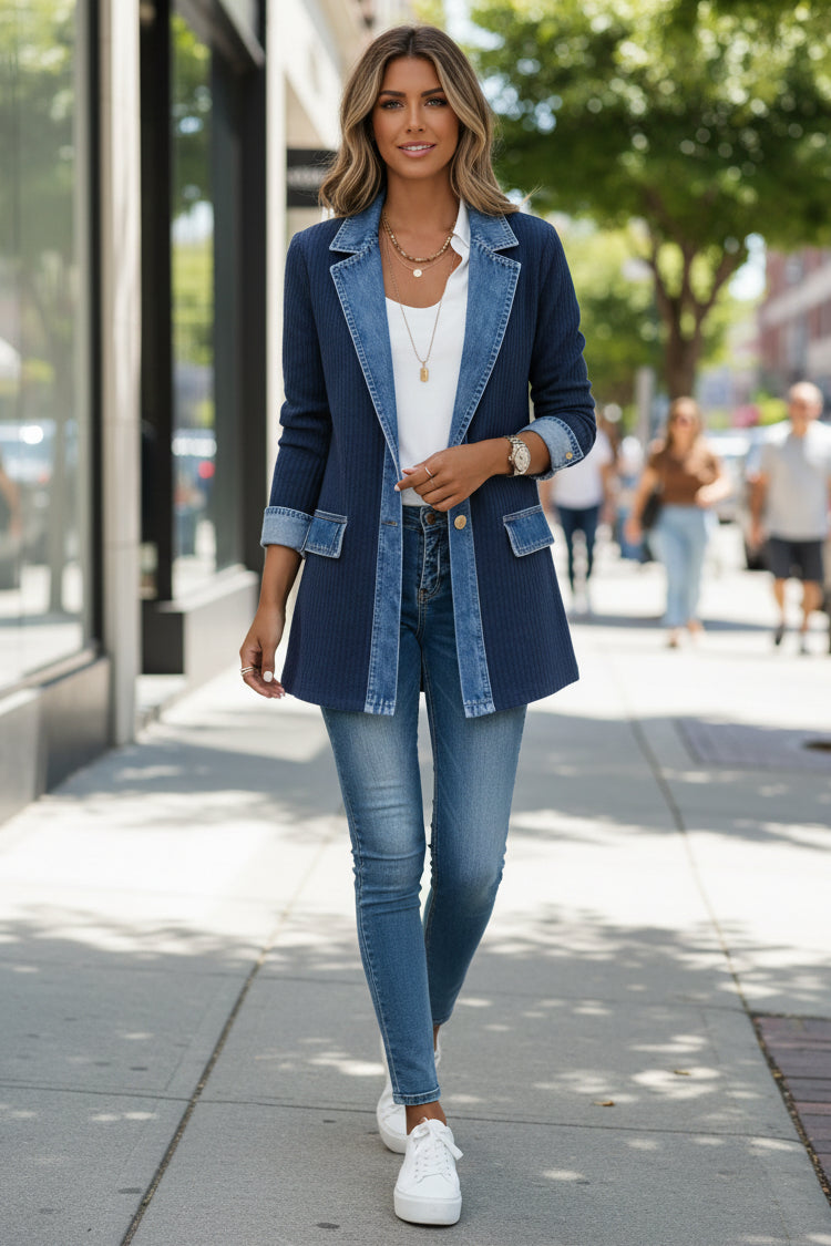 Women's Casual Knit Cardigan with Denim Collar and Ribbed Detail