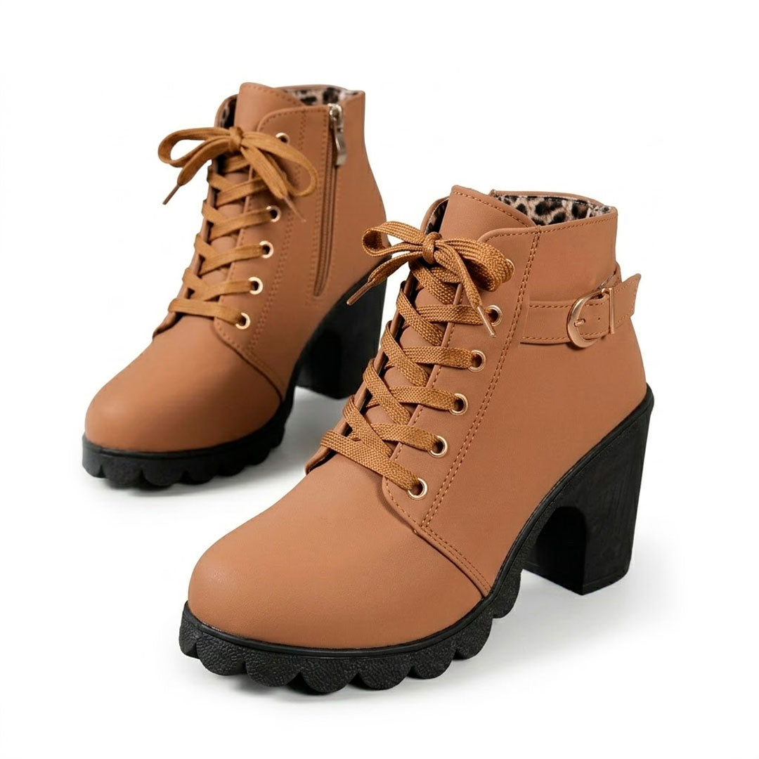 Women's Chunky Heeled Ankle Boots with Lace-Up Detail