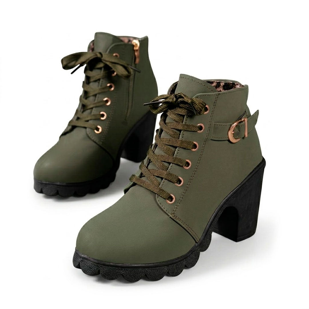 Women's Chunky Heeled Ankle Boots with Lace-Up Detail