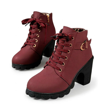 Women's Chunky Heeled Ankle Boots with Lace-Up Detail