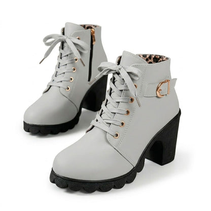 Women's Chunky Heeled Ankle Boots with Lace-Up Detail