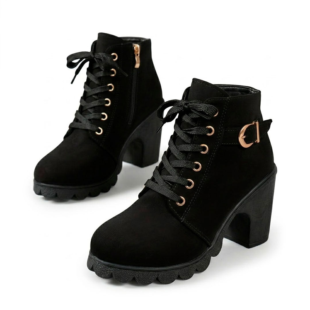 Women's Chunky Heeled Ankle Boots with Lace-Up Detail
