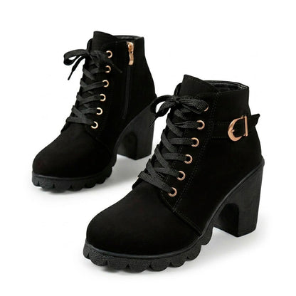 Women's Chunky Heeled Ankle Boots with Lace-Up Detail