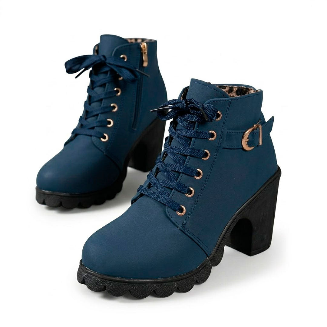 Women's Chunky Heeled Ankle Boots with Lace-Up Detail