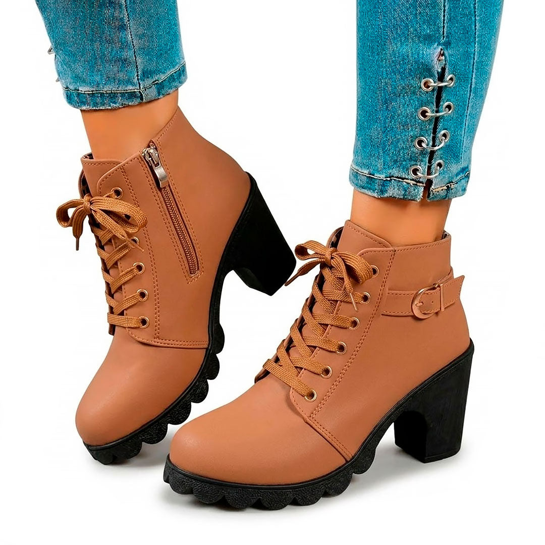 Women's Chunky Heeled Ankle Boots with Lace-Up Detail