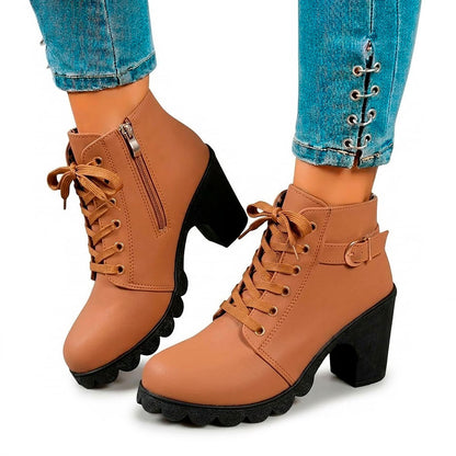 Women's Chunky Heeled Ankle Boots with Lace-Up Detail
