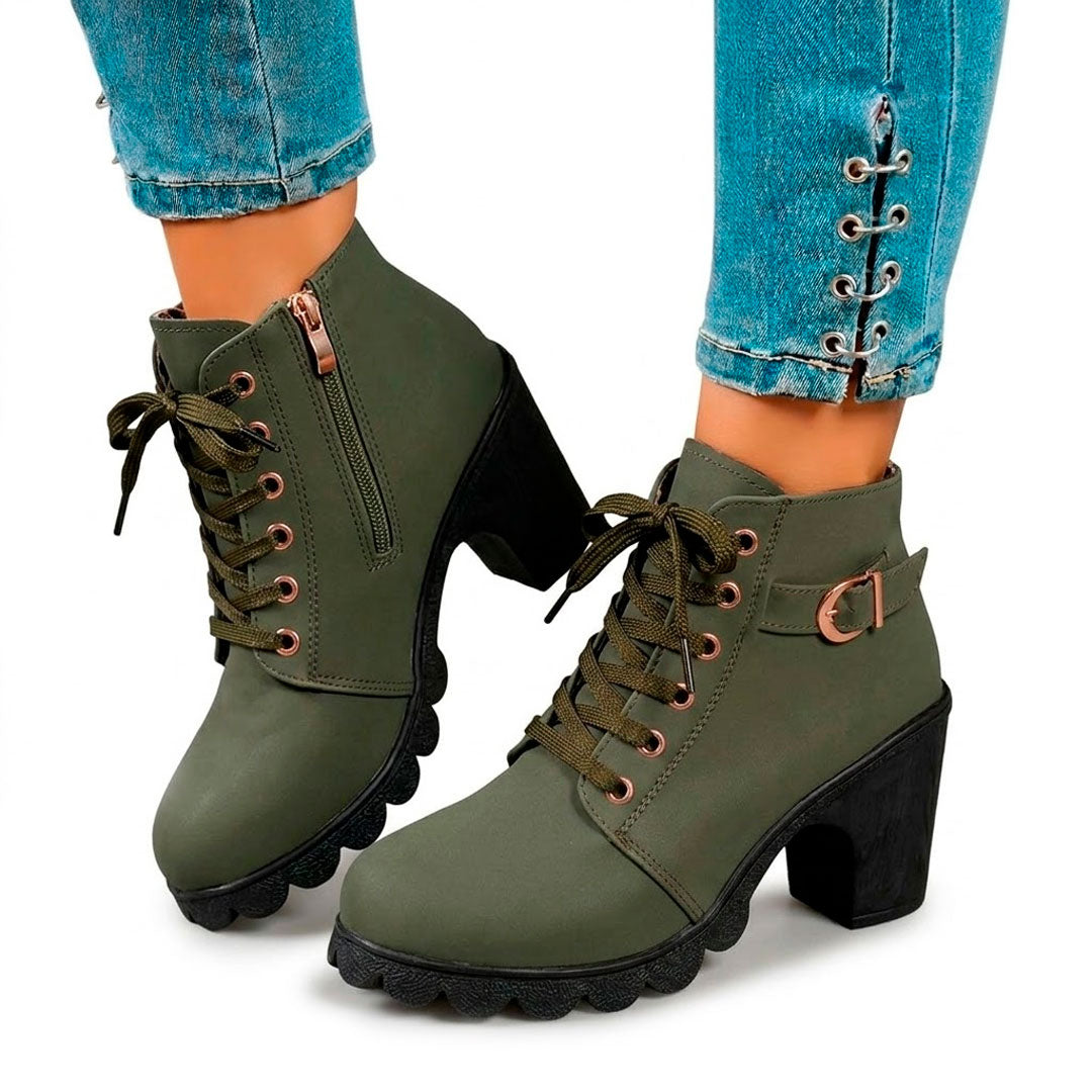 Women's Chunky Heeled Ankle Boots with Lace-Up Detail