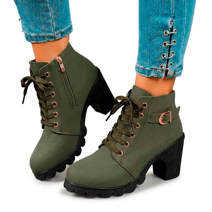 Women's Chunky Heeled Ankle Boots with Lace-Up Detail