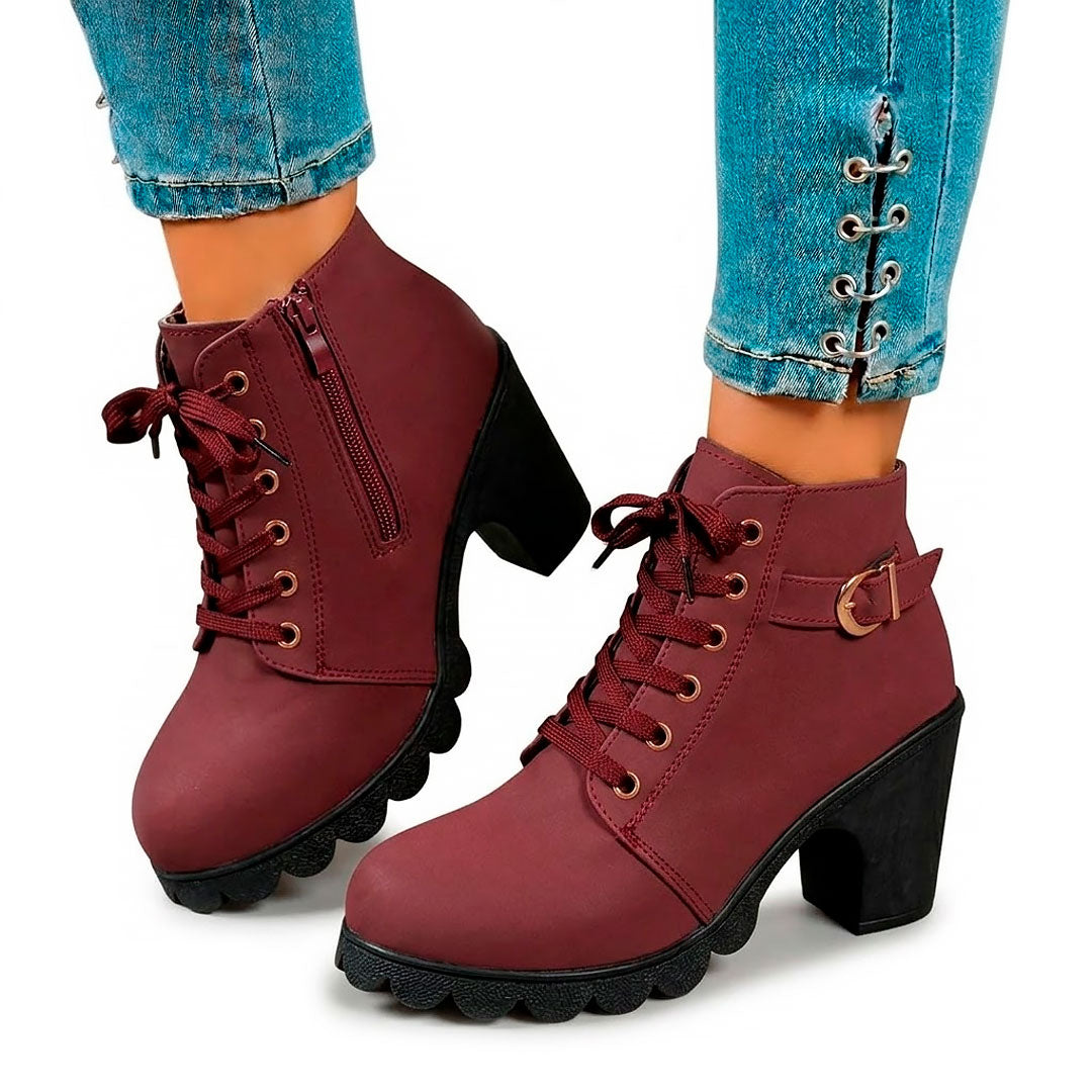 Women's Chunky Heeled Ankle Boots with Lace-Up Detail