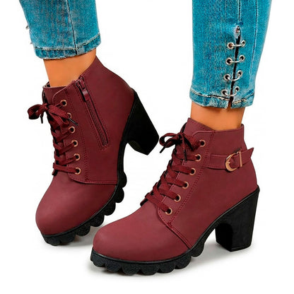 Women's Chunky Heeled Ankle Boots with Lace-Up Detail