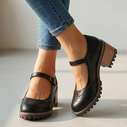 Women's Chunky Heels with Brogue Design and Slip-On Style