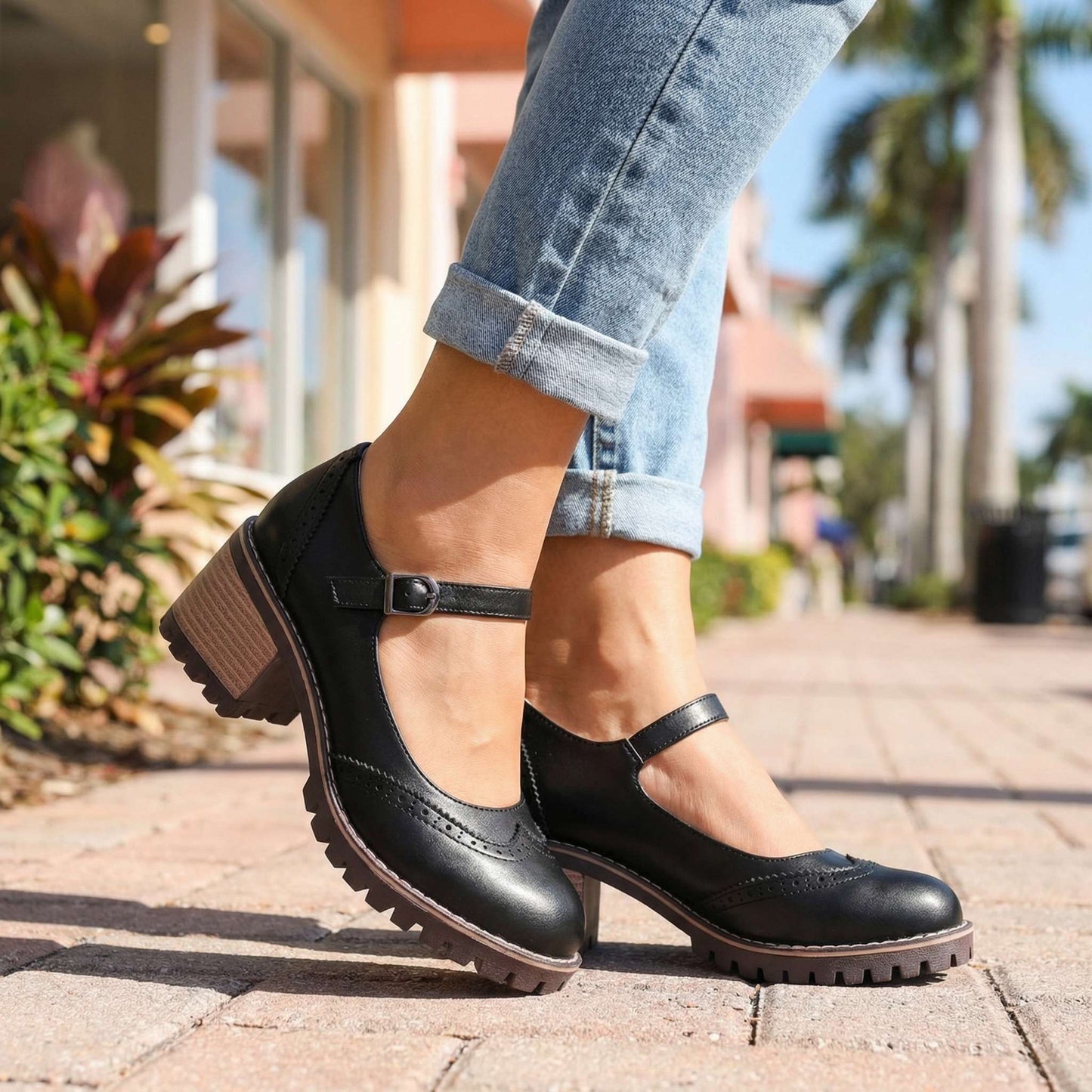 Women's Chunky Heels with Brogue Design and Slip-On Style