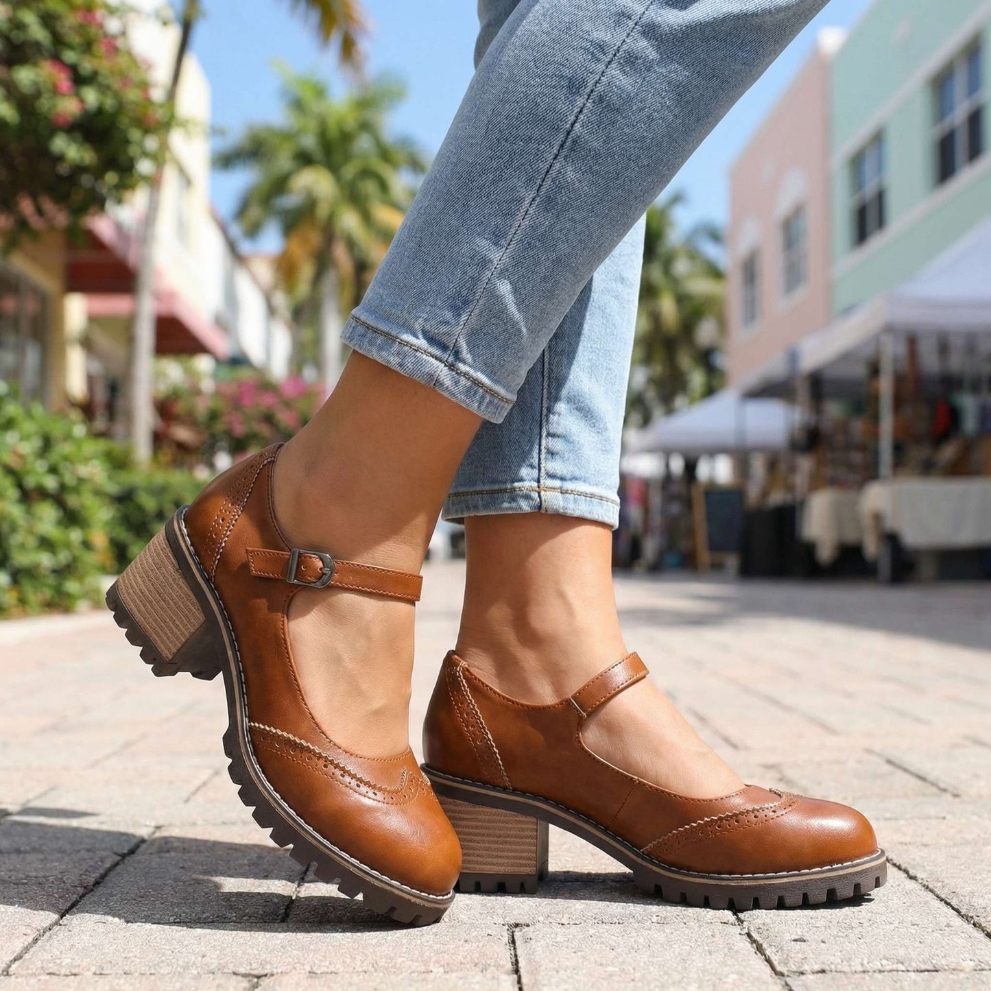 Women's Chunky Heels with Brogue Design and Slip-On Style