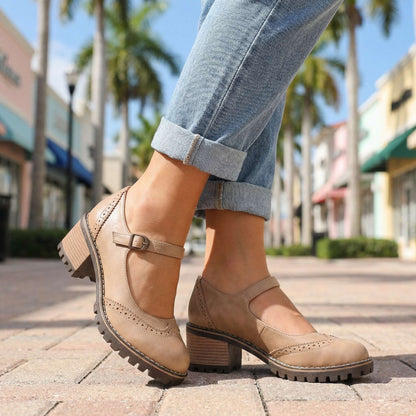 Women's Chunky Heels with Brogue Design and Slip-On Style