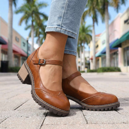 Women's Chunky Heels with Brogue Design and Slip-On Style