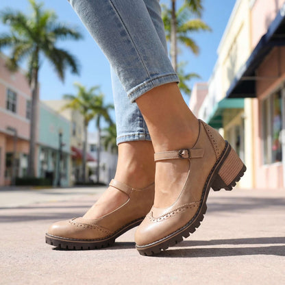 Women's Chunky Heels with Brogue Design and Slip-On Style