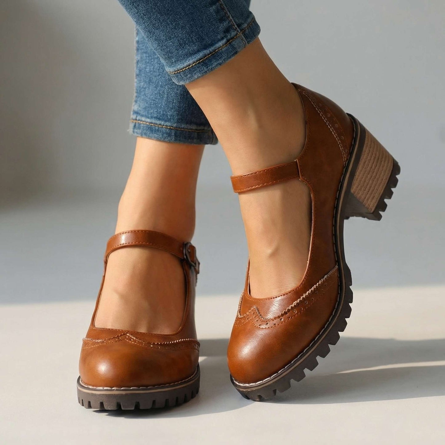 Women's Chunky Heels with Brogue Design and Slip-On Style