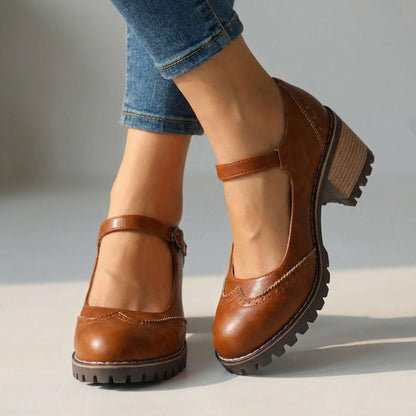 Women's Chunky Heels with Brogue Design and Slip-On Style