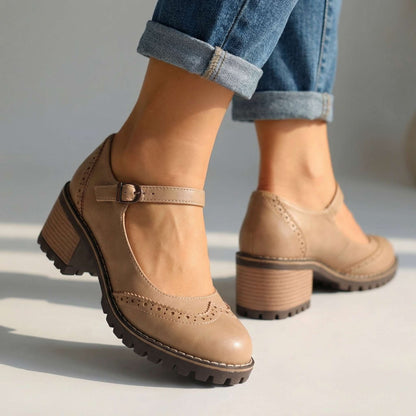 Women's Chunky Heels with Brogue Design and Slip-On Style