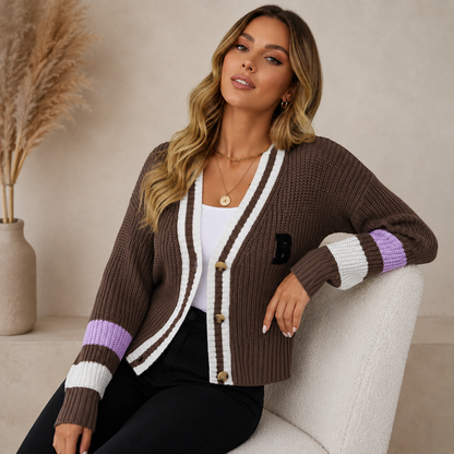 Women's Chunky Knit Cardigan with Contrast Stripe Cuffs