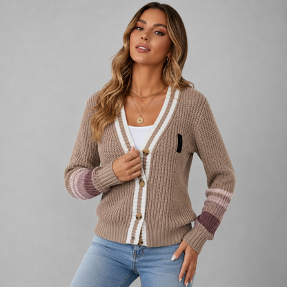 Women's Chunky Knit Cardigan with Contrast Stripe Cuffs