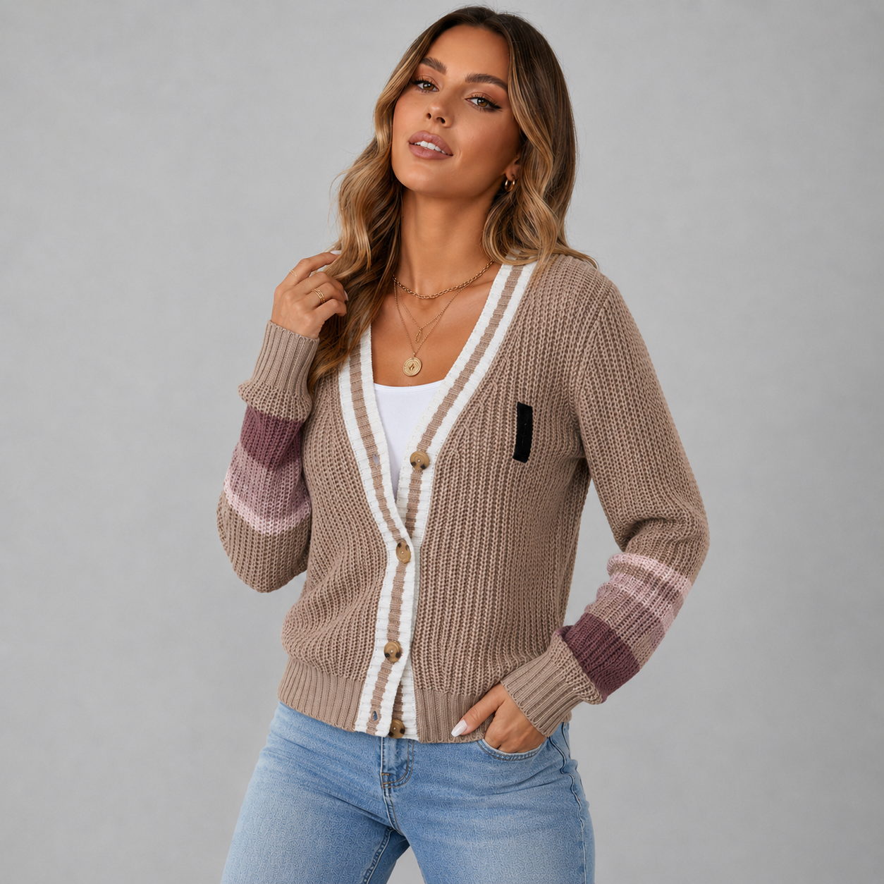Women's Chunky Knit Cardigan with Contrast Stripe Cuffs