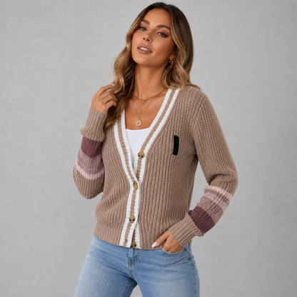 Women's Chunky Knit Cardigan with Contrast Stripe Cuffs