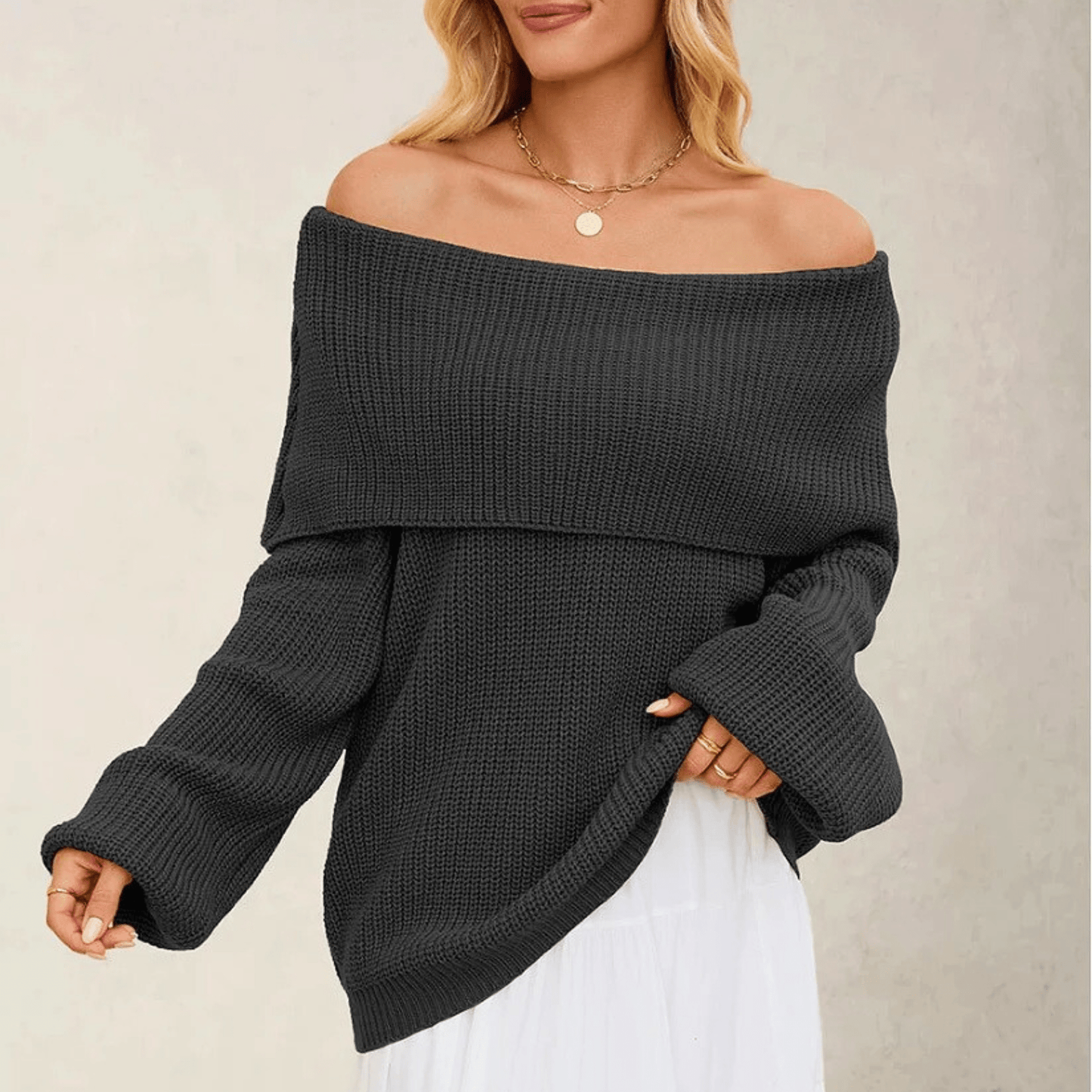 Women's Chunky Knit Jumper with Off-Shoulder Design for Elegant Comfort