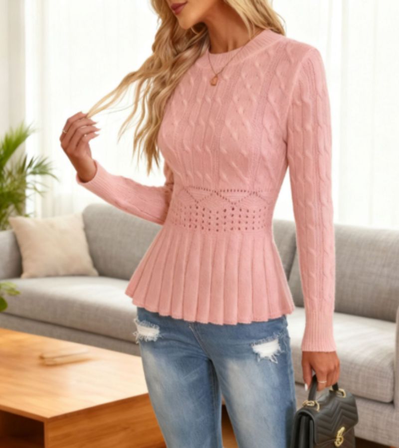 Women's Chunky Knit Jumper with Ribbed Peplum Cut for Elegant Comfort