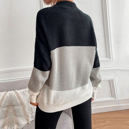 Women's Chunky Knit Sweater with Color Block Design
