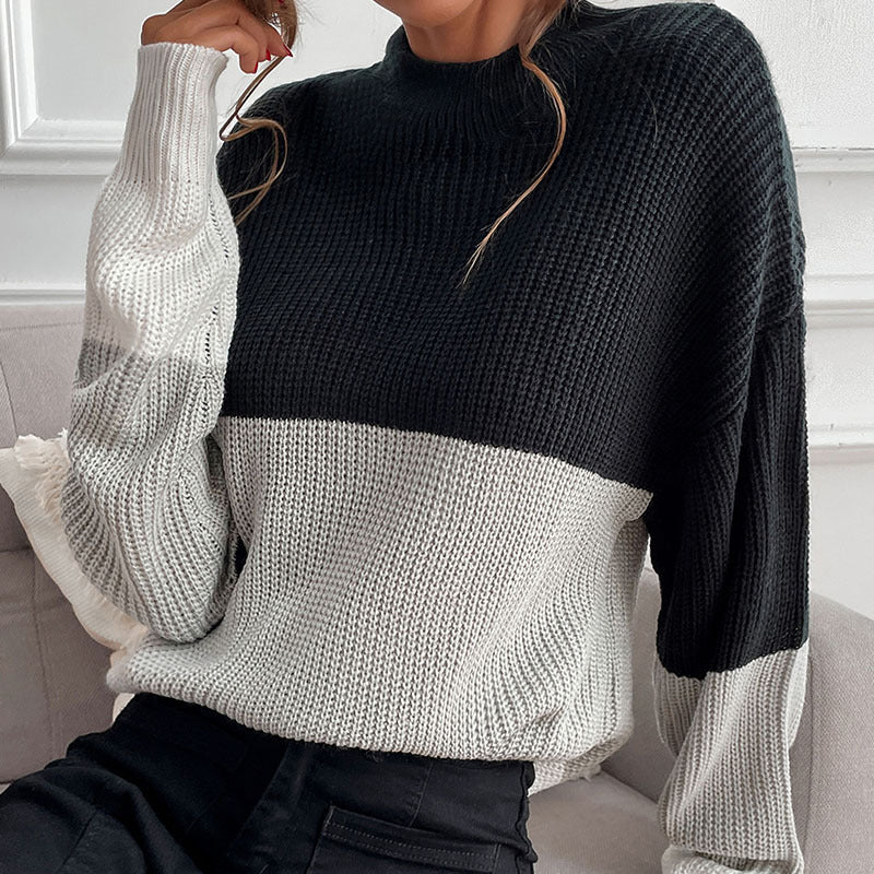 Women's Chunky Knit Sweater with Color Block Design