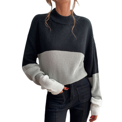 Women's Chunky Knit Sweater with Color Block Design