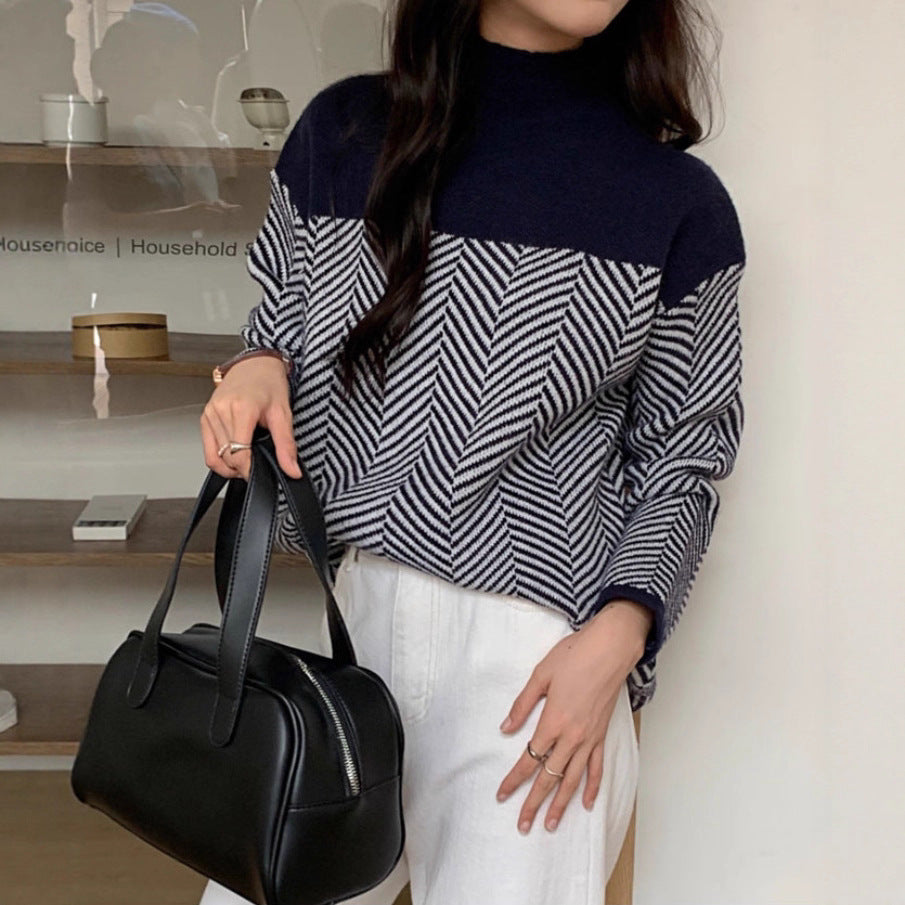Women's Chunky Knit Sweater with High Neck and Zigzag Pattern