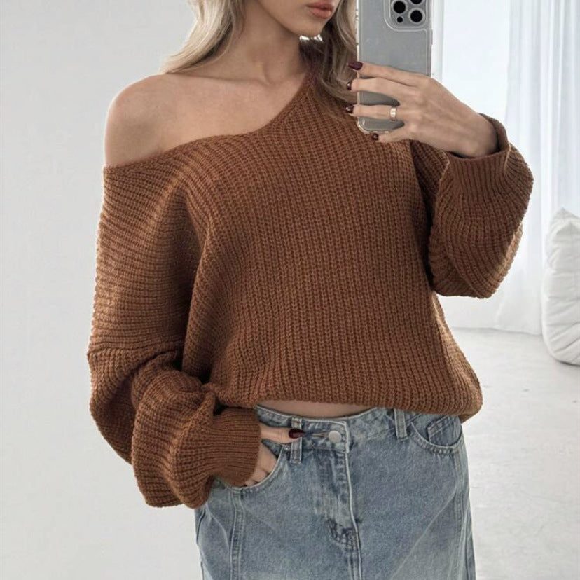 Women's Chunky Knit Sweater with V-Neck and Wide Sleeves