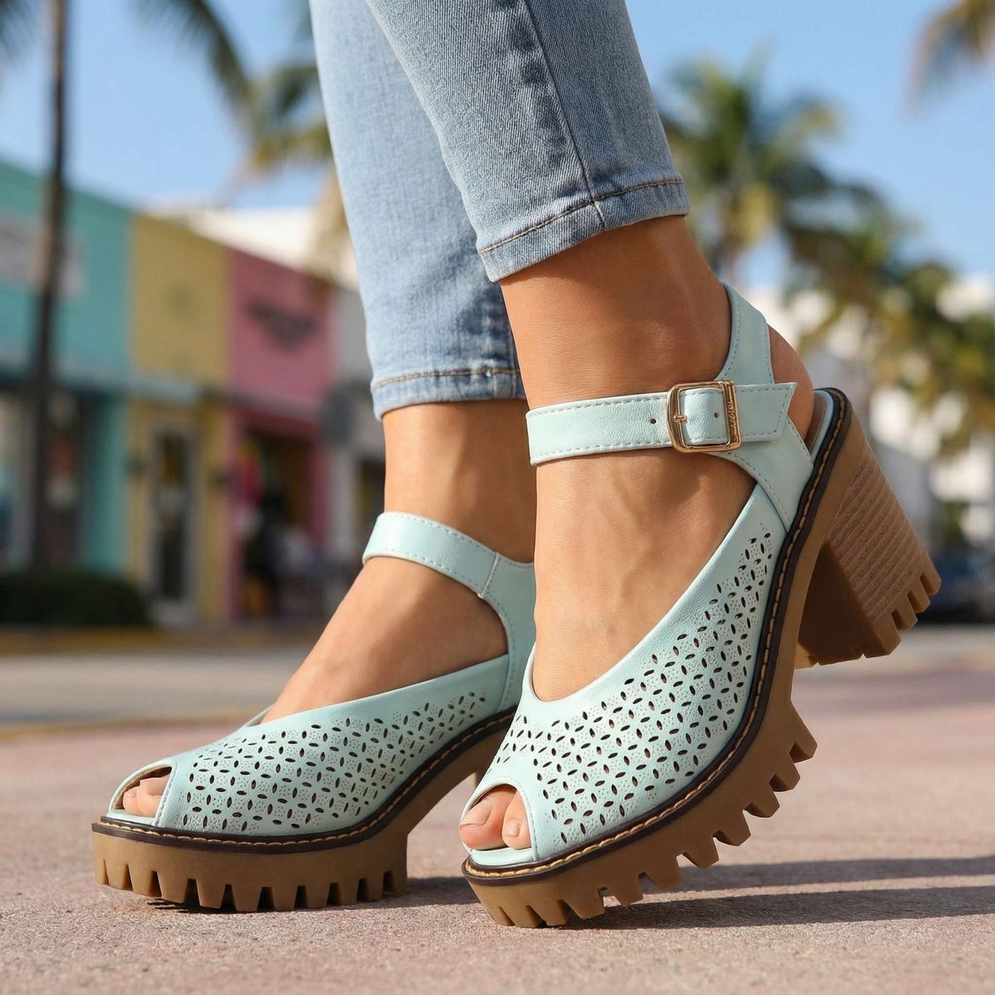 Women's Chunky Sandals with Flower Cut Design