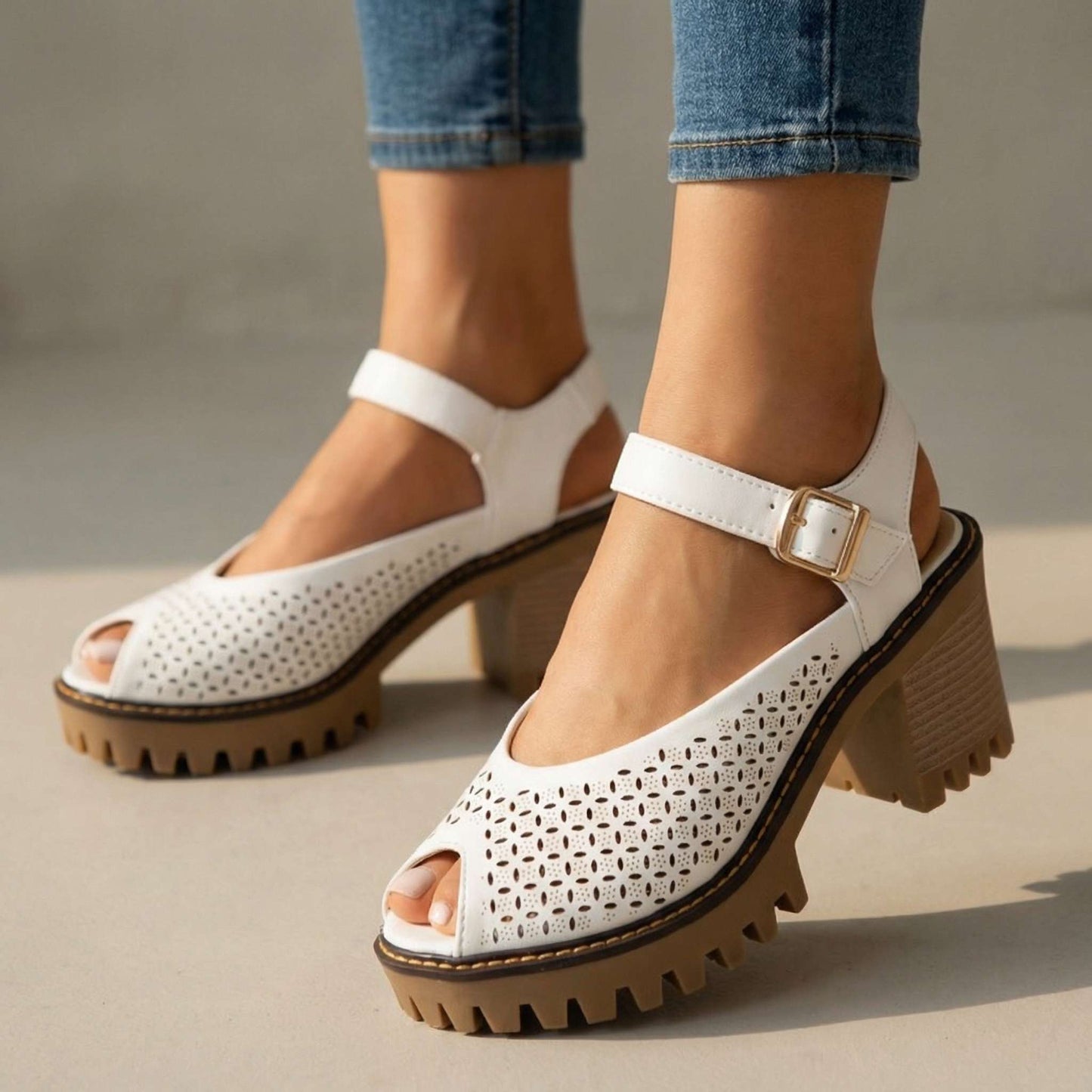 Women's Chunky Sandals with Flower Cut Design