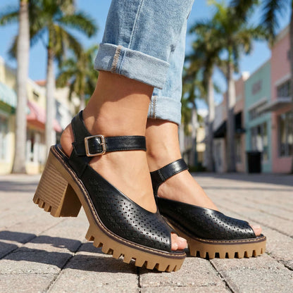 Women's Chunky Sandals with Flower Cut Design