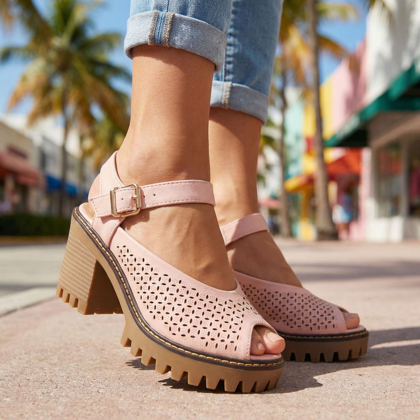 Women's Chunky Sandals with Flower Cut Design