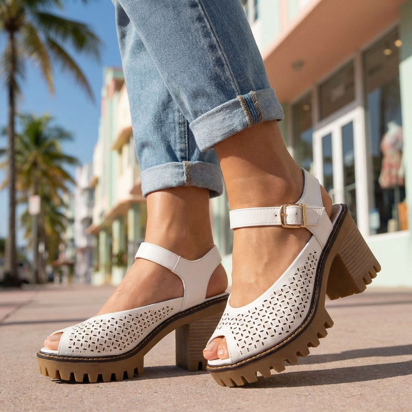 Women's Chunky Sandals with Flower Cut Design