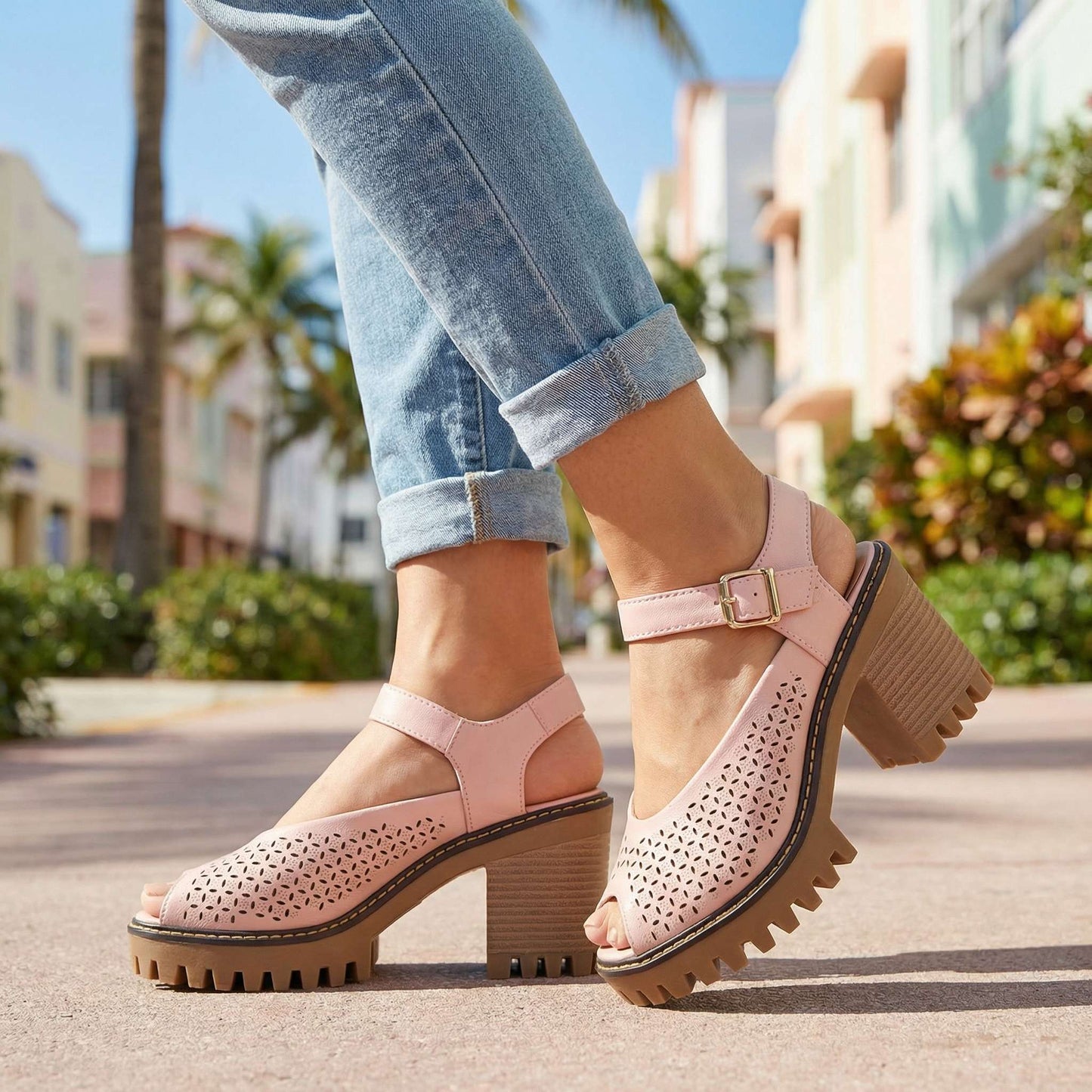 Women's Chunky Sandals with Flower Cut Design