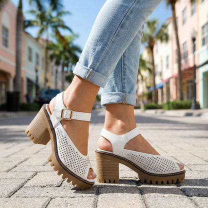 Women's Chunky Sandals with Flower Cut Design