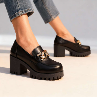 Women's Chunky Sole Loafers with Gold Chain Detail