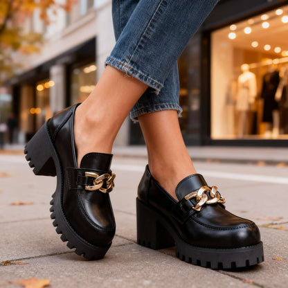 Women's Chunky Sole Loafers with Gold Chain Detail