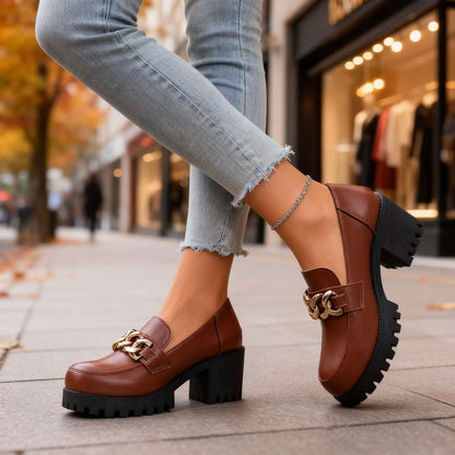 Women's Chunky Sole Loafers with Gold Chain Detail