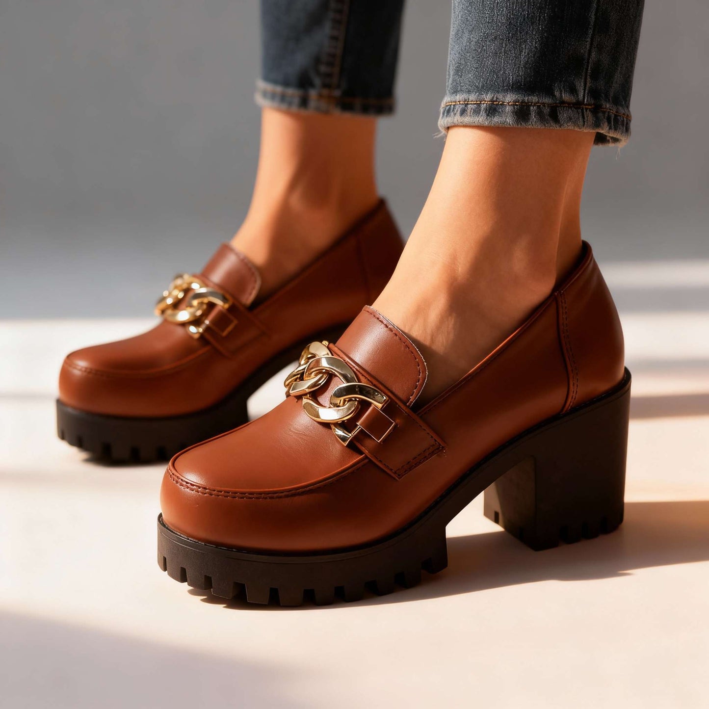Women's Chunky Sole Loafers with Gold Chain Detail