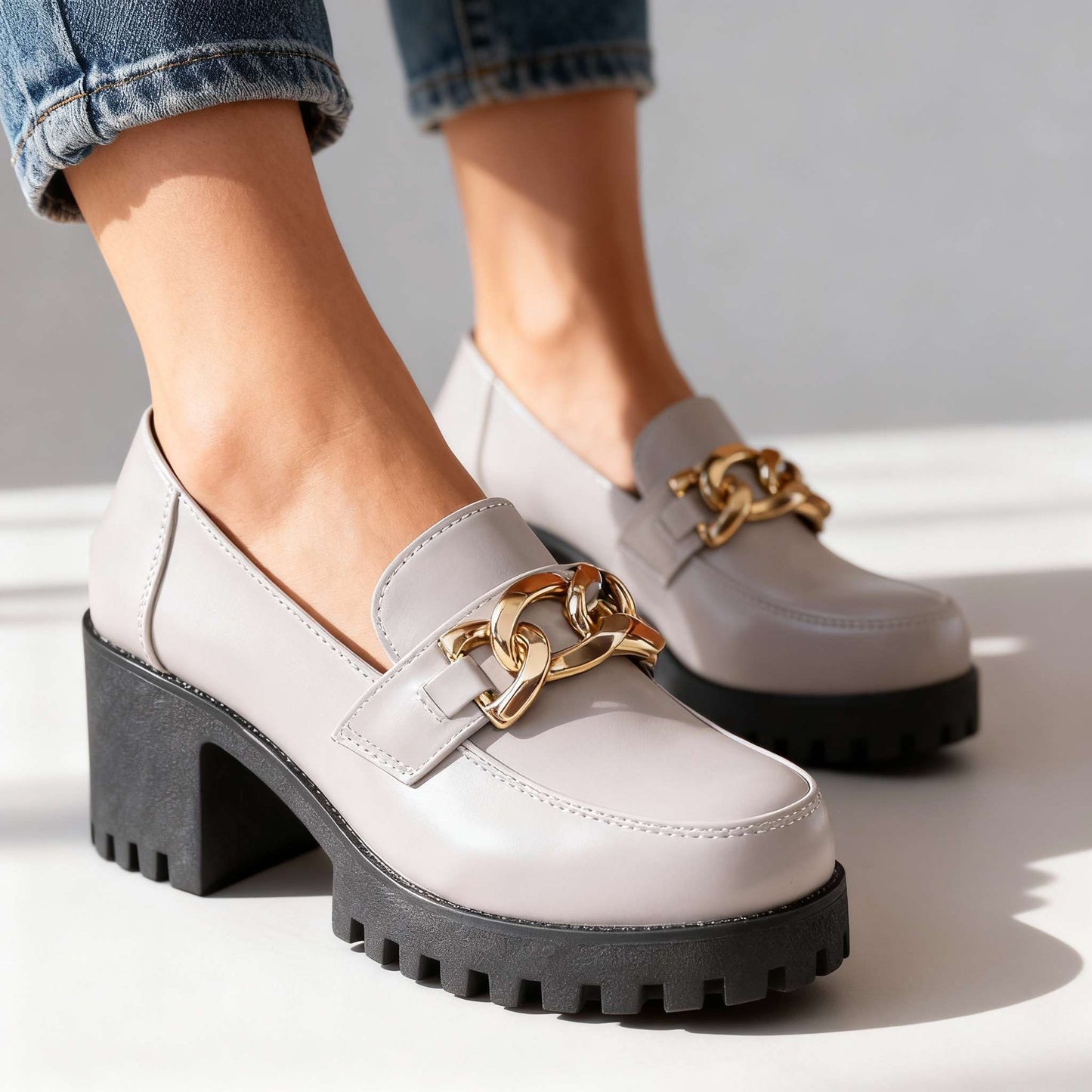 Women's Chunky Sole Loafers with Gold Chain Detail