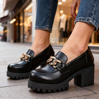 Women's Chunky Sole Loafers with Gold Chain Detail