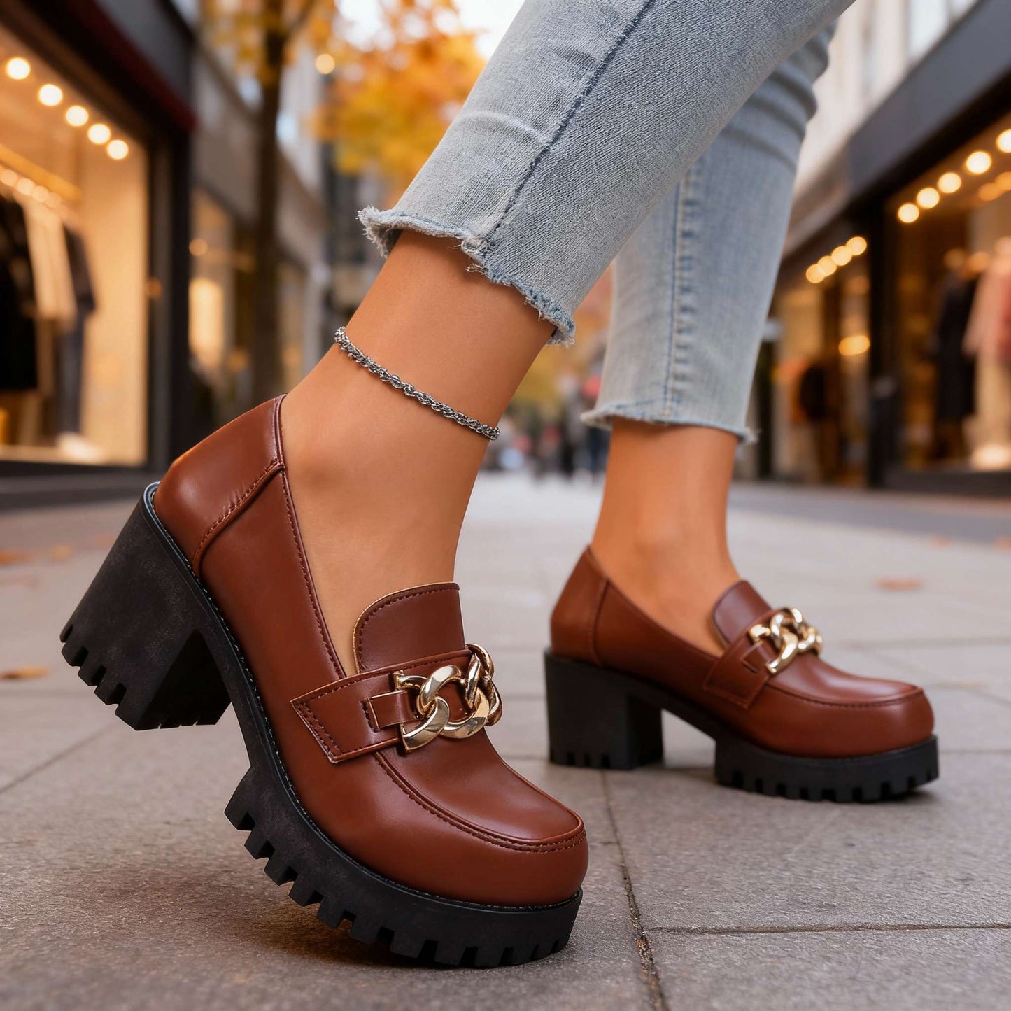 Women's Chunky Sole Loafers with Gold Chain Detail