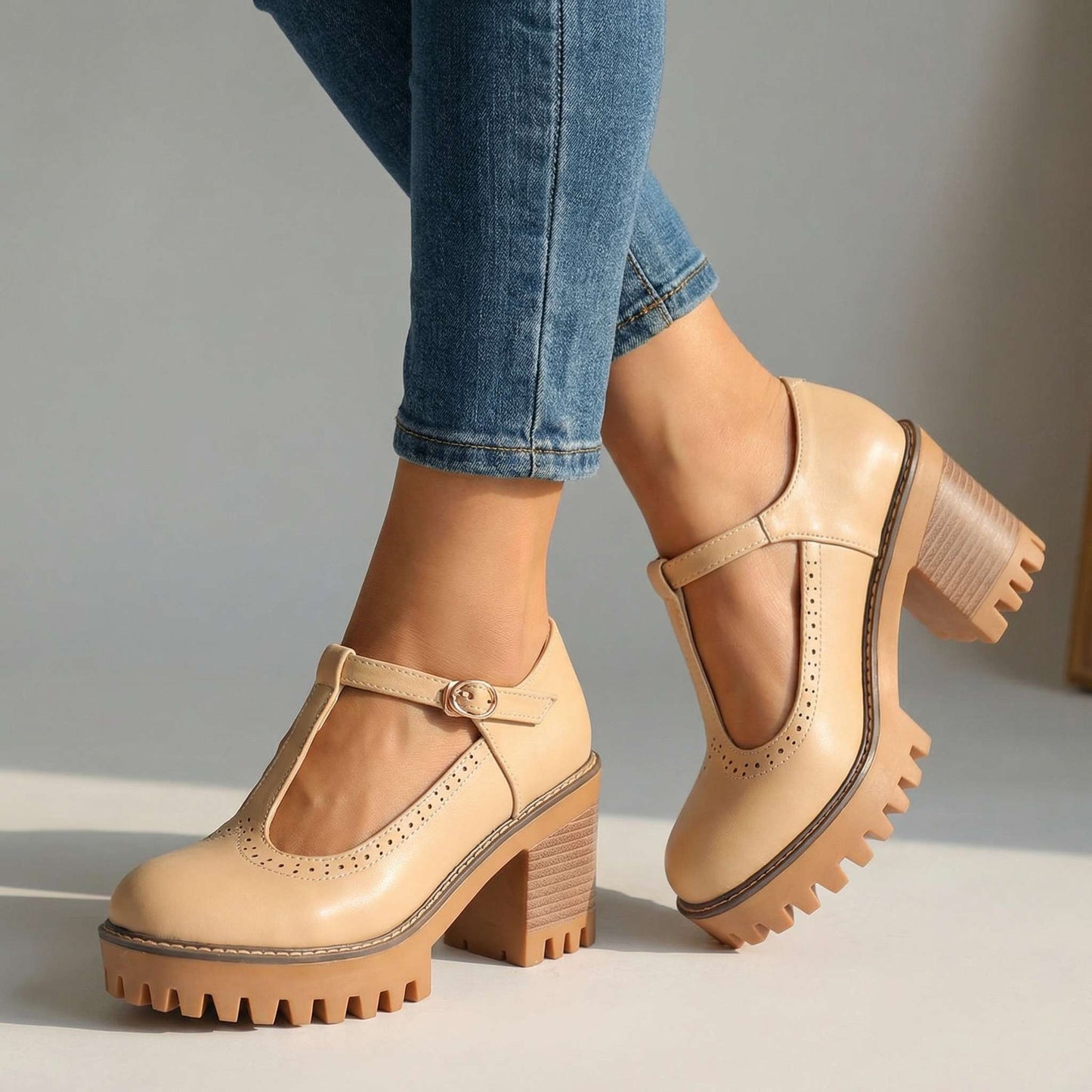 Women's Chunky T-Strap Heels with Block Heel